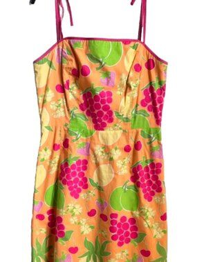 Lilly Pulitzer VTG Y2K Orange Fruit Print Sun Dress Sheat Dress Tie Straps